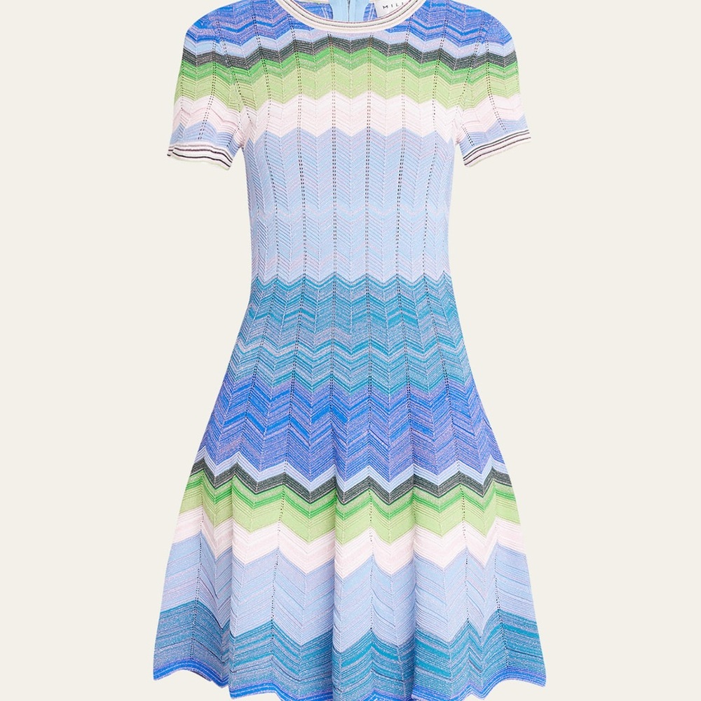 Milly Scalloped Chevron Mini Dress in Blue Multi Size Large